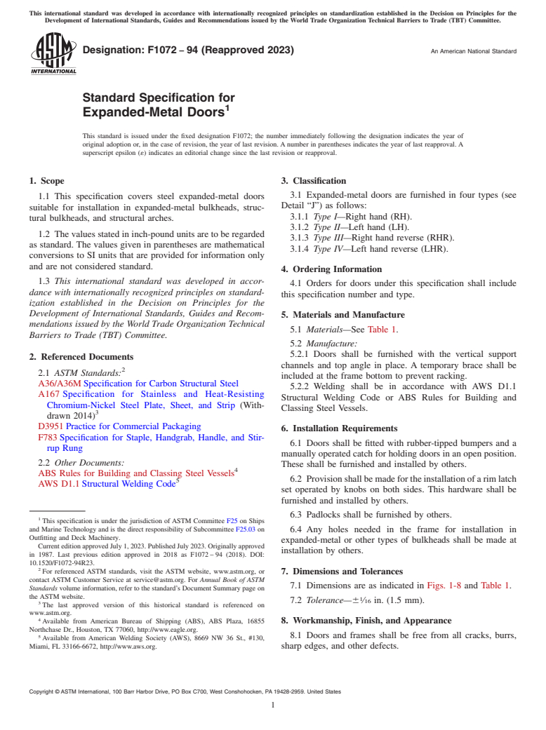 ASTM F1072-94(2023) - Standard Specification for Expanded-Metal Doors