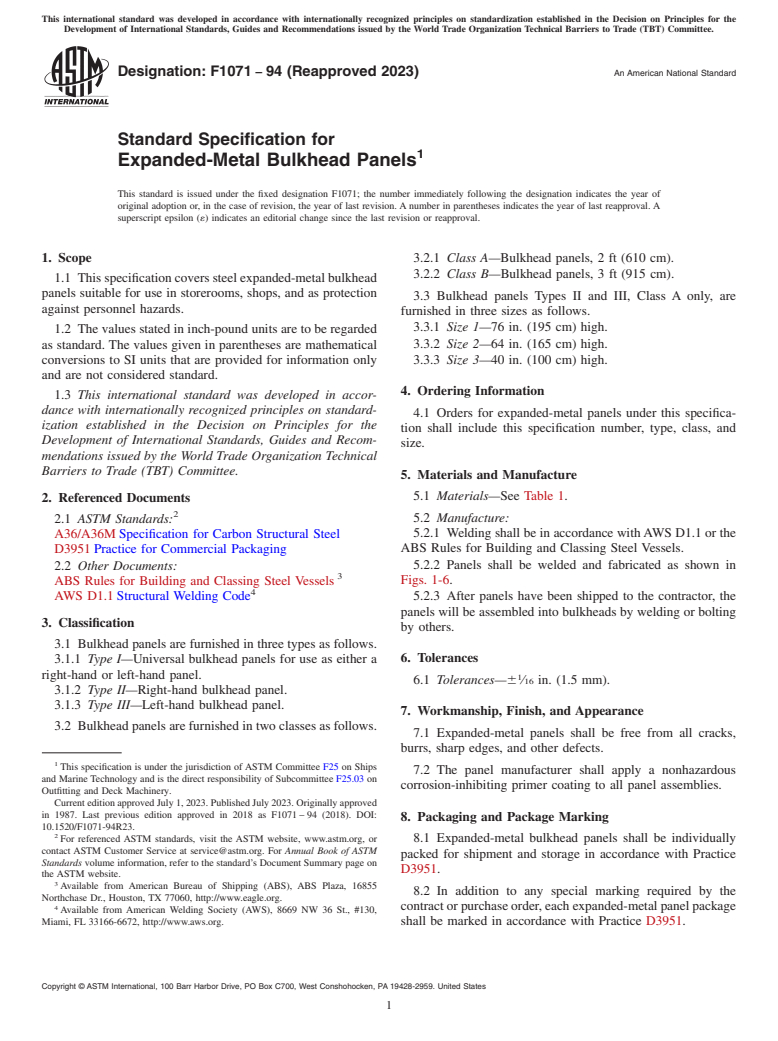 ASTM F1071-94(2023) - Standard Specification for Expanded-Metal Bulkhead Panels