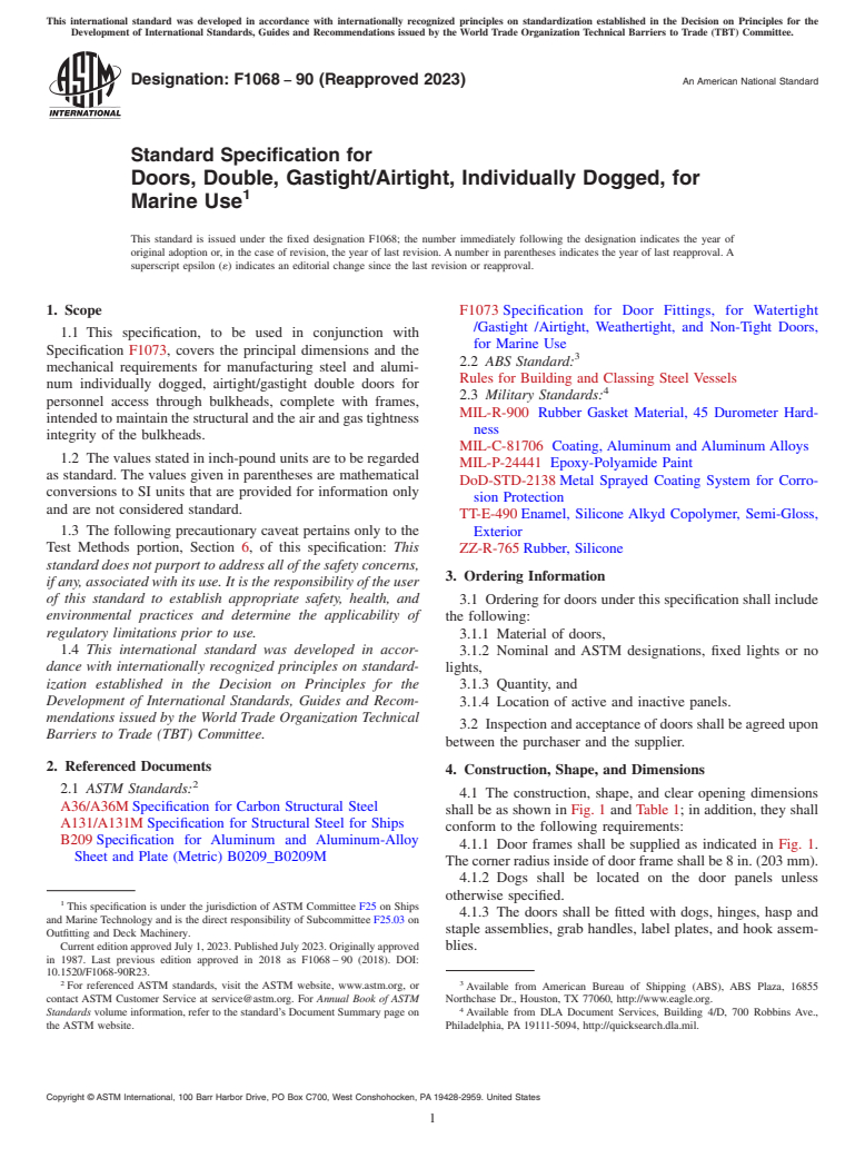 ASTM F1068-90(2023) - Standard Specification for Doors, Double, Gastight/Airtight, Individually Dogged, for   Marine Use