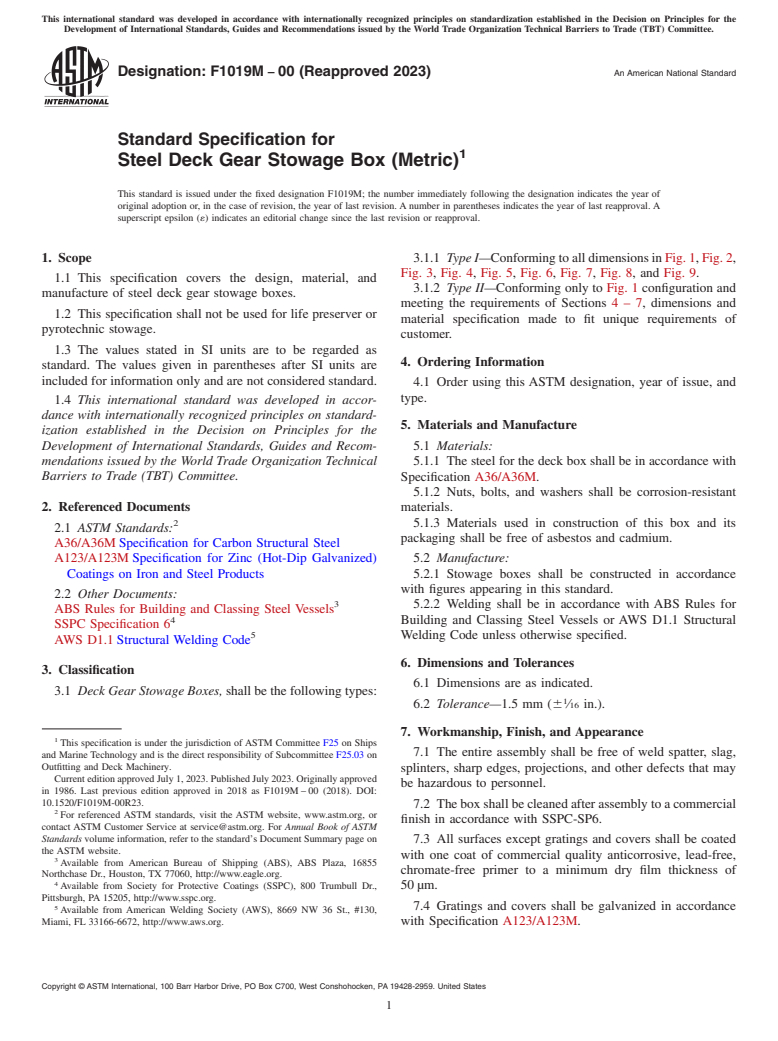 ASTM F1019M-00(2023) - Standard Specification for  Steel Deck Gear Stowage Box (Metric)