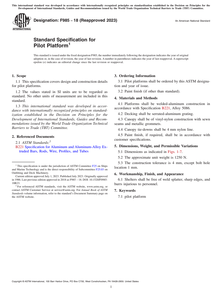 ASTM F985-18(2023) - Standard Specification for  Pilot Platform