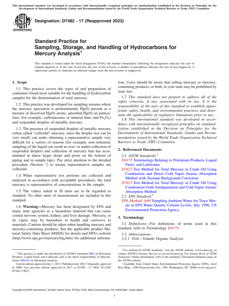 ASTM D7482-17(2023) - Standard Practice for  Sampling, Storage, and Handling of Hydrocarbons for Mercury Analysis