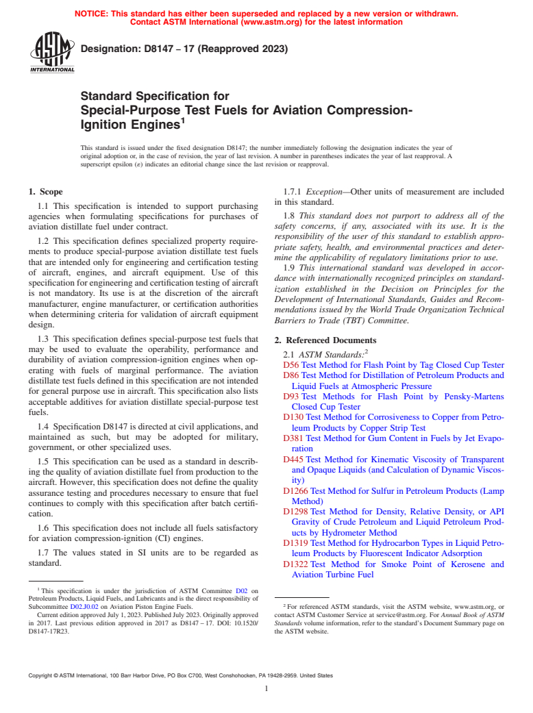 ASTM D8147-17(2023) - Standard Specification for Special-Purpose Test Fuels for Aviation Compression-Ignition  Engines