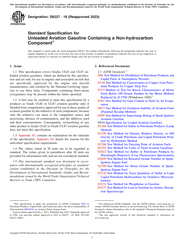 ASTM D6227-18(2023) - Standard Specification for  Unleaded Aviation Gasoline Containing a Non-hydrocarbon Component