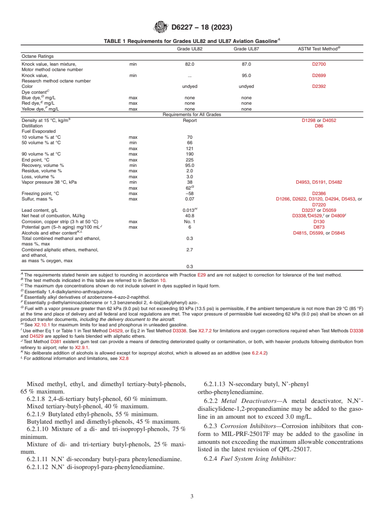 ASTM D6227-18(2023) - Standard Specification for  Unleaded Aviation Gasoline Containing a Non-hydrocarbon Component