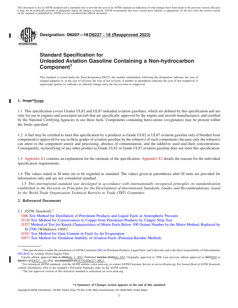 REDLINE ASTM D6227-18(2023) - Standard Specification for  Unleaded Aviation Gasoline Containing a Non-hydrocarbon Component