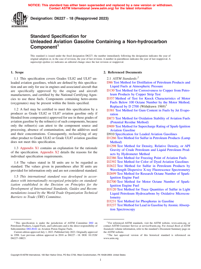 ASTM D6227-18(2023) - Standard Specification for  Unleaded Aviation Gasoline Containing a Non-hydrocarbon Component