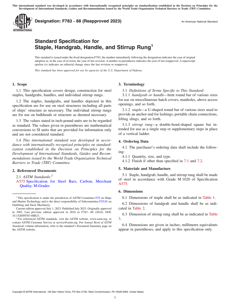 ASTM F783-88(2023) - Standard Specification for  Staple, Handgrab, Handle, and Stirrup Rung