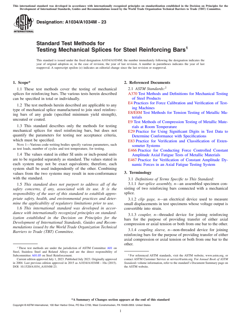 ASTM A1034/A1034M-23 - Standard Test Methods for  Testing Mechanical Splices for Steel Reinforcing Bars