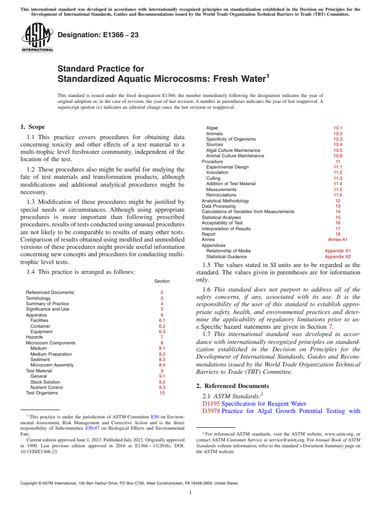 ASTM E1366-23 - Standard Practice for Standardized Aquatic Microcosms: Fresh Water