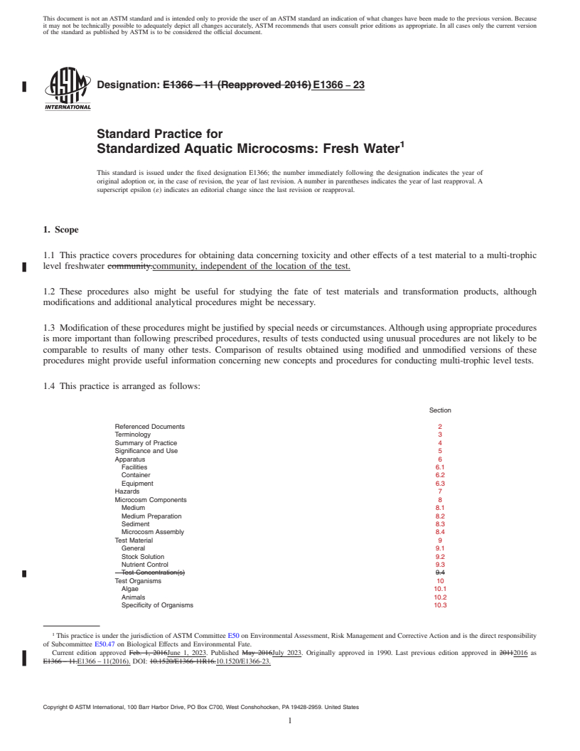 REDLINE ASTM E1366-23 - Standard Practice for Standardized Aquatic Microcosms: Fresh Water