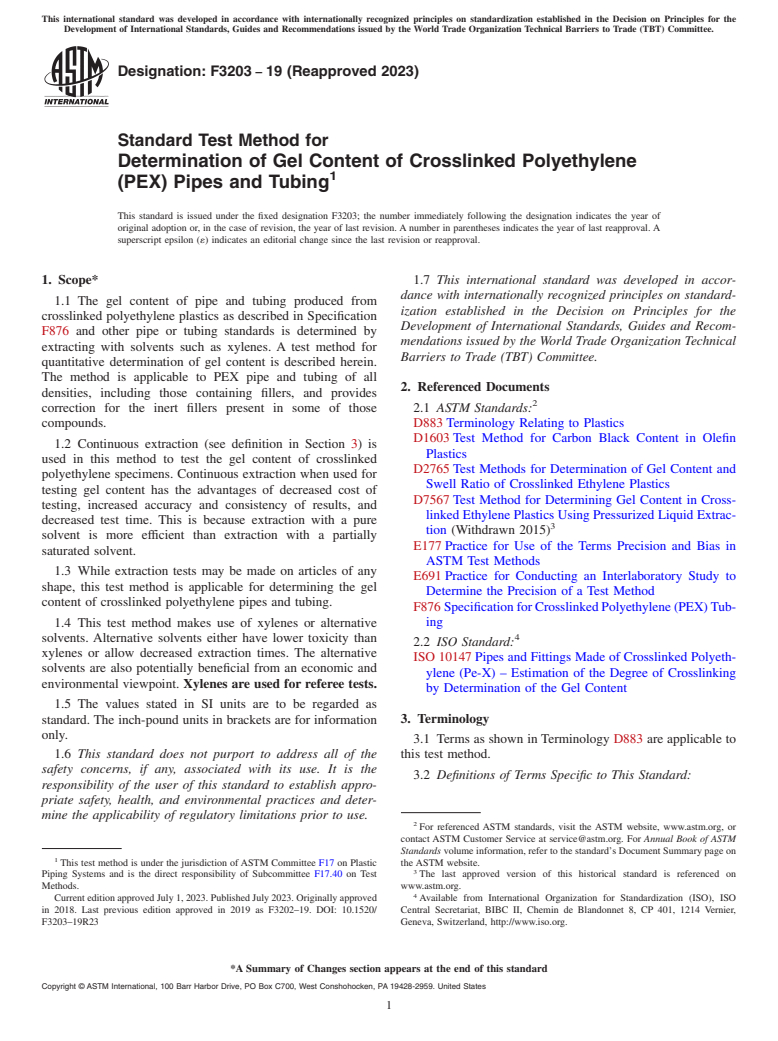 ASTM F3203-19(2023) - Standard Test Method for Determination of Gel Content of Crosslinked Polyethylene (PEX)  Pipes and Tubing