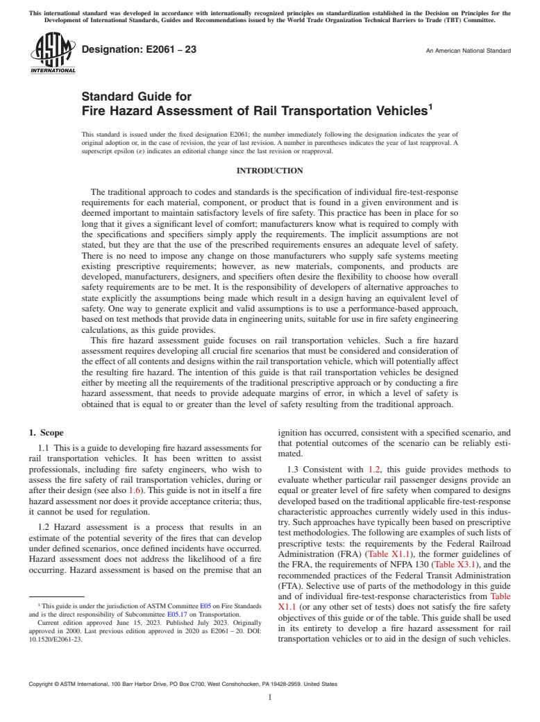 ASTM E2061-23 - Standard Guide for  Fire Hazard Assessment of Rail Transportation Vehicles
