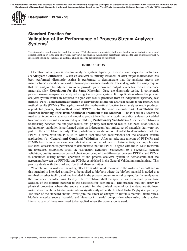 ASTM D3764-23 - Standard Practice for  Validation of the Performance of Process Stream Analyzer Systems
