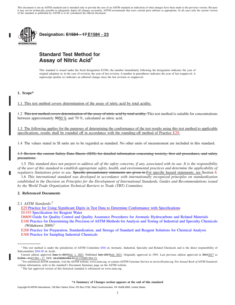 REDLINE ASTM E1584-23 - Standard Test Method for Assay of Nitric Acid