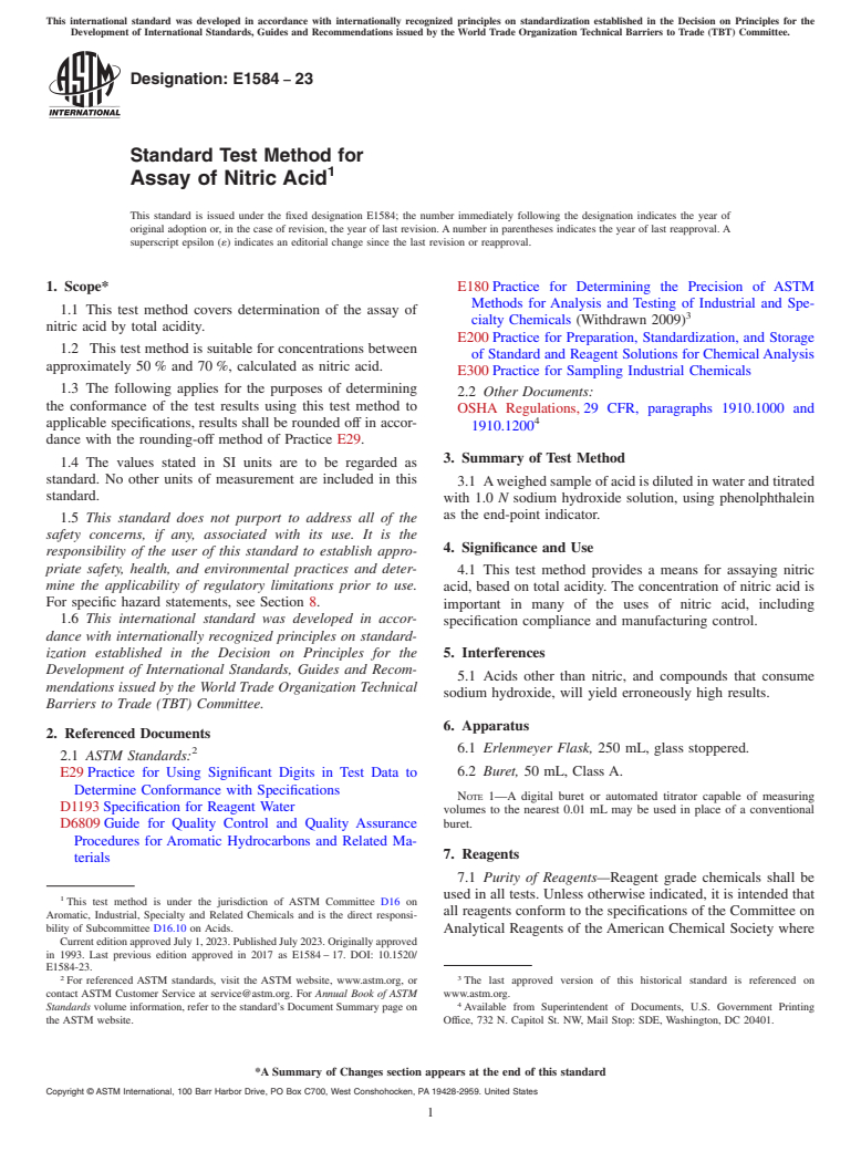 ASTM E1584-23 - Standard Test Method for Assay of Nitric Acid