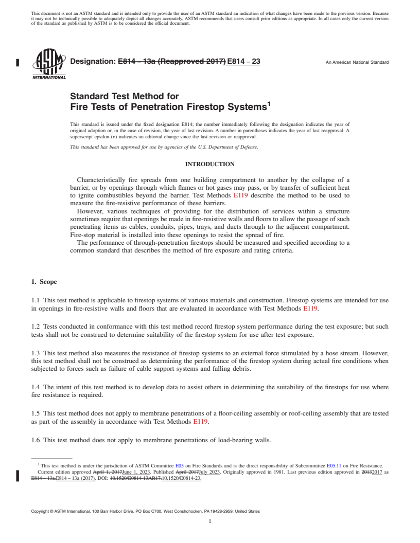 REDLINE ASTM E814-23 - Standard Test Method for  Fire Tests of Penetration Firestop Systems