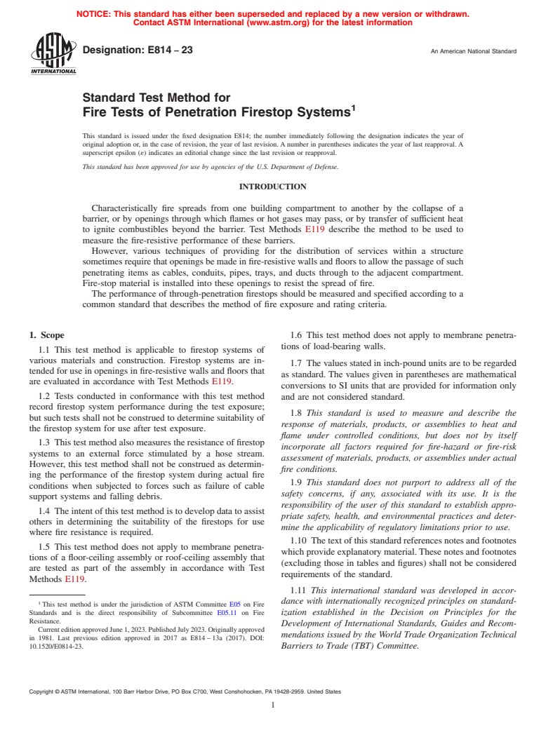 ASTM E814-23 - Standard Test Method for  Fire Tests of Penetration Firestop Systems