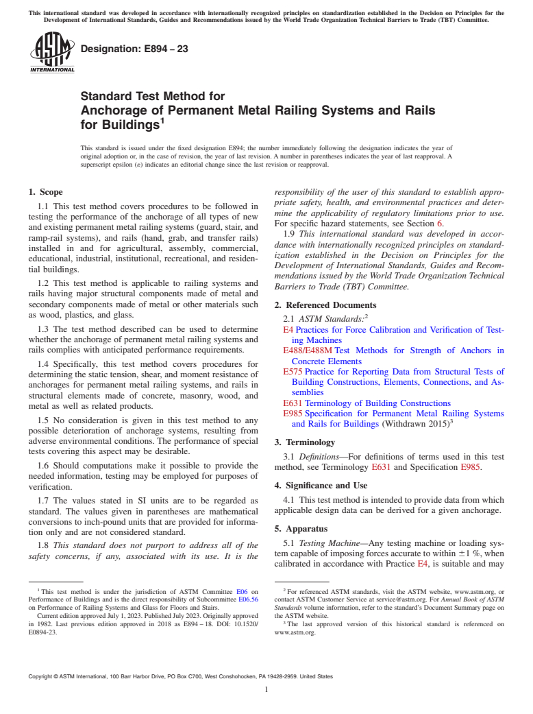 ASTM E894-23 - Standard Test Method for Anchorage of Permanent Metal Railing Systems and Rails for  Buildings
