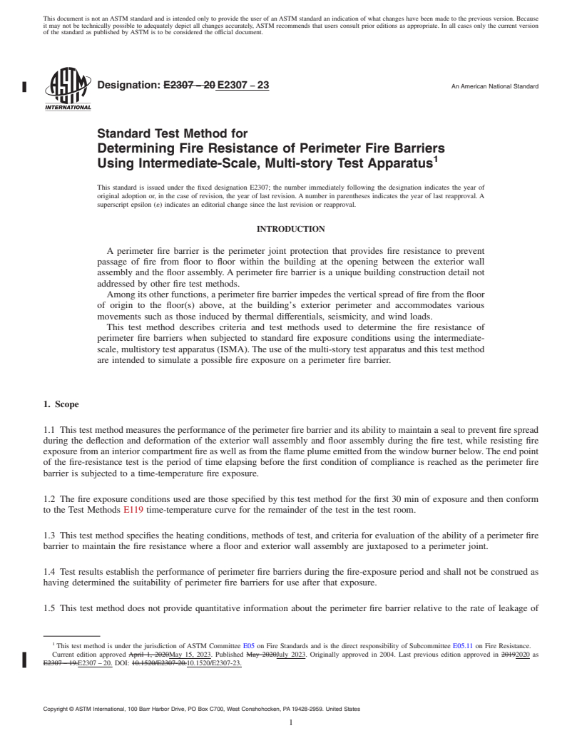 REDLINE ASTM E2307-23 - Standard Test Method for  Determining Fire Resistance of Perimeter Fire Barriers Using  Intermediate-Scale, Multi-story Test Apparatus