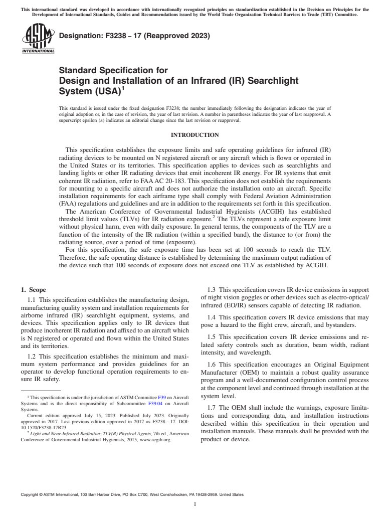 ASTM F3238-17(2023) - Standard Specification for Design and Installation of an Infrared (IR) Searchlight System  (USA)