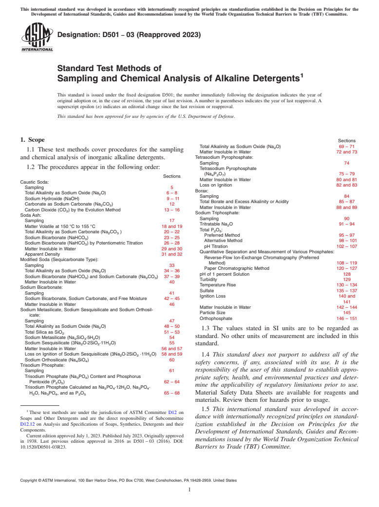 ASTM D501-03(2023) - Standard Test Methods of  Sampling and Chemical Analysis of Alkaline Detergents