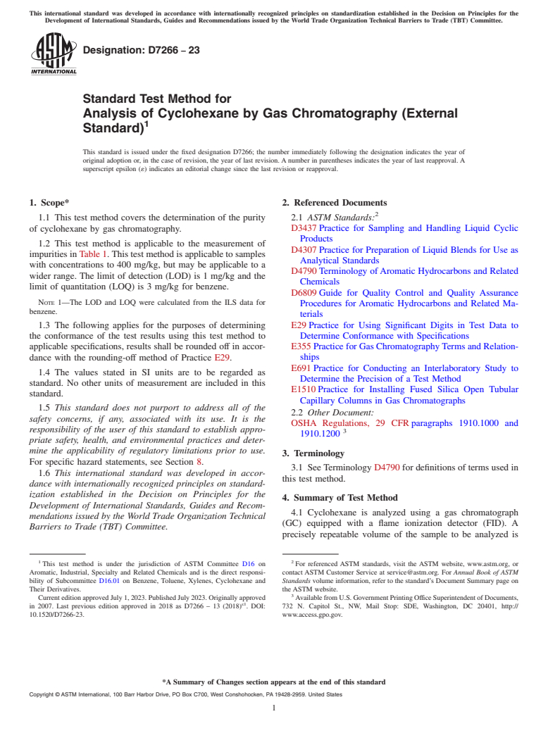 ASTM D7266-23 - Standard Test Method for Analysis of Cyclohexane by Gas Chromatography (External Standard)