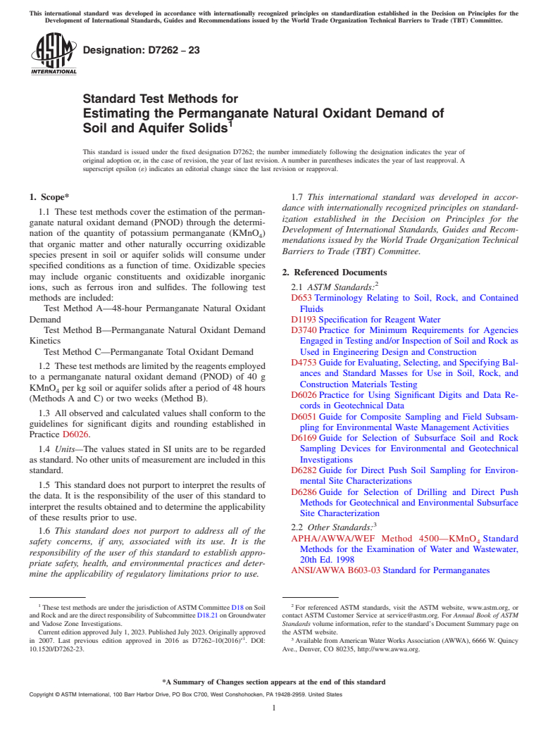 ASTM D7262-23 - Standard Test Methods for Estimating the Permanganate Natural Oxidant Demand of Soil  and Aquifer Solids
