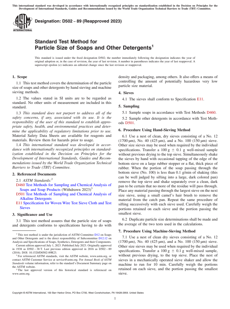 ASTM D502-89(2023) - Standard Test Method for  Particle Size of Soaps and Other Detergents