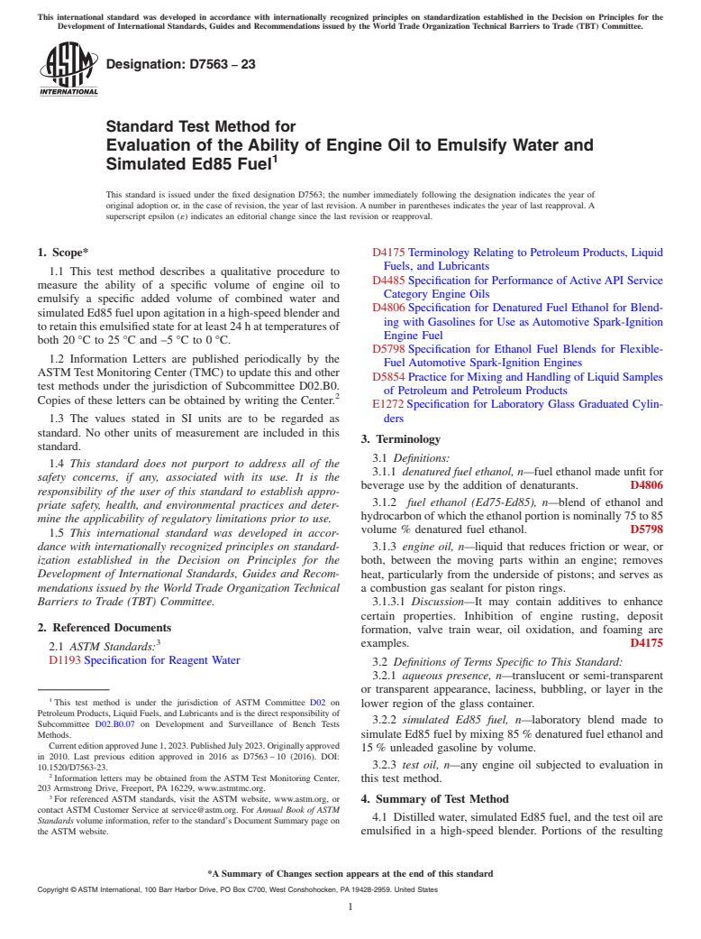 ASTM D7563-23 - Standard Test Method for  Evaluation of the Ability of Engine Oil to Emulsify Water and  Simulated Ed85 Fuel
