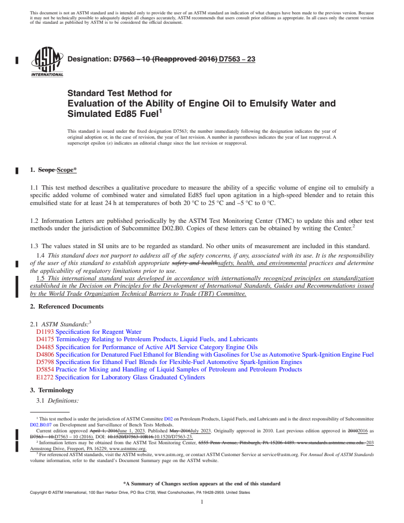REDLINE ASTM D7563-23 - Standard Test Method for  Evaluation of the Ability of Engine Oil to Emulsify Water and  Simulated Ed85 Fuel