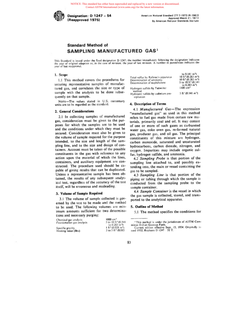 ASTM D1247-54(1975) - Method of Sampling Manufactured Gas (Withdrawn 1986)