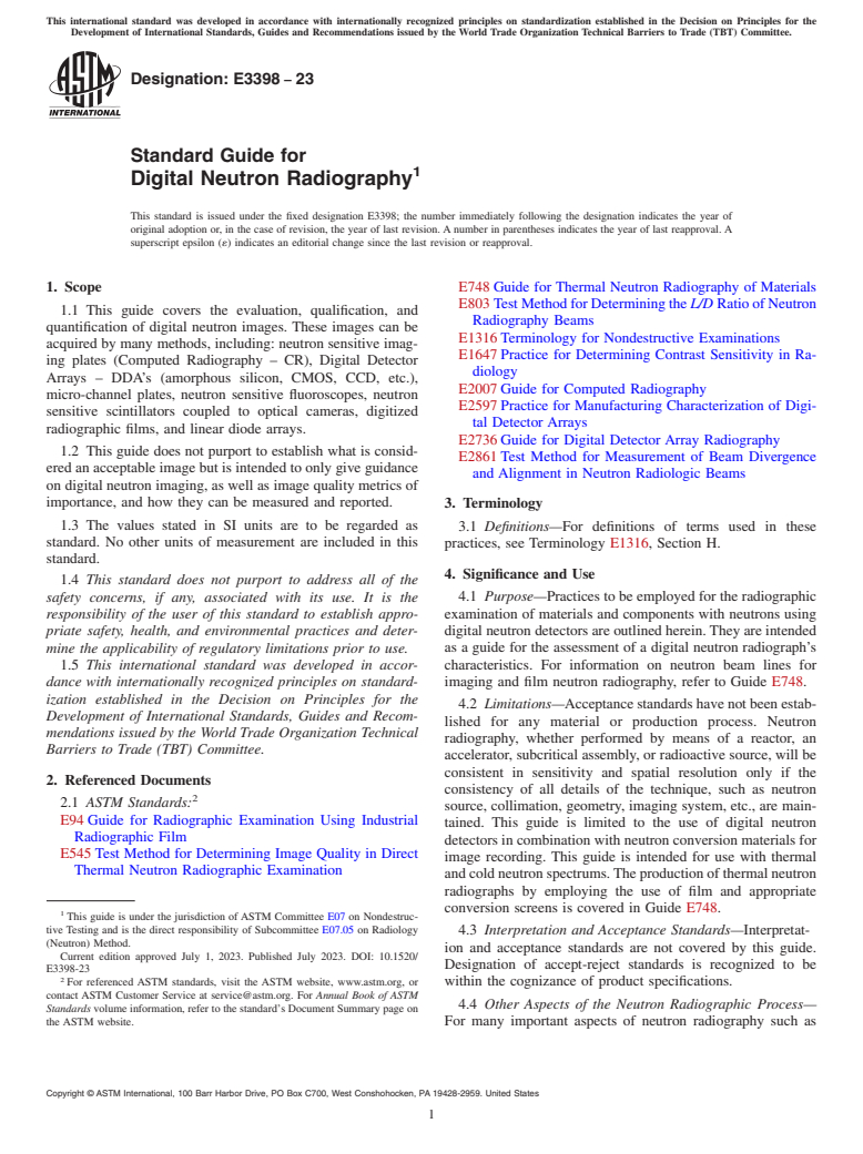 ASTM E3398-23 - Standard Guide for Digital Neutron Radiography