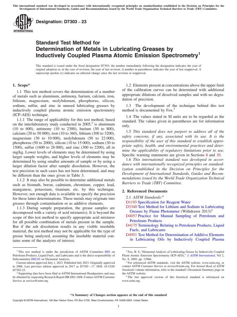 ASTM D7303-23 - Standard Test Method for  Determination of Metals in Lubricating Greases by Inductively Coupled Plasma Atomic Emission Spectrometry