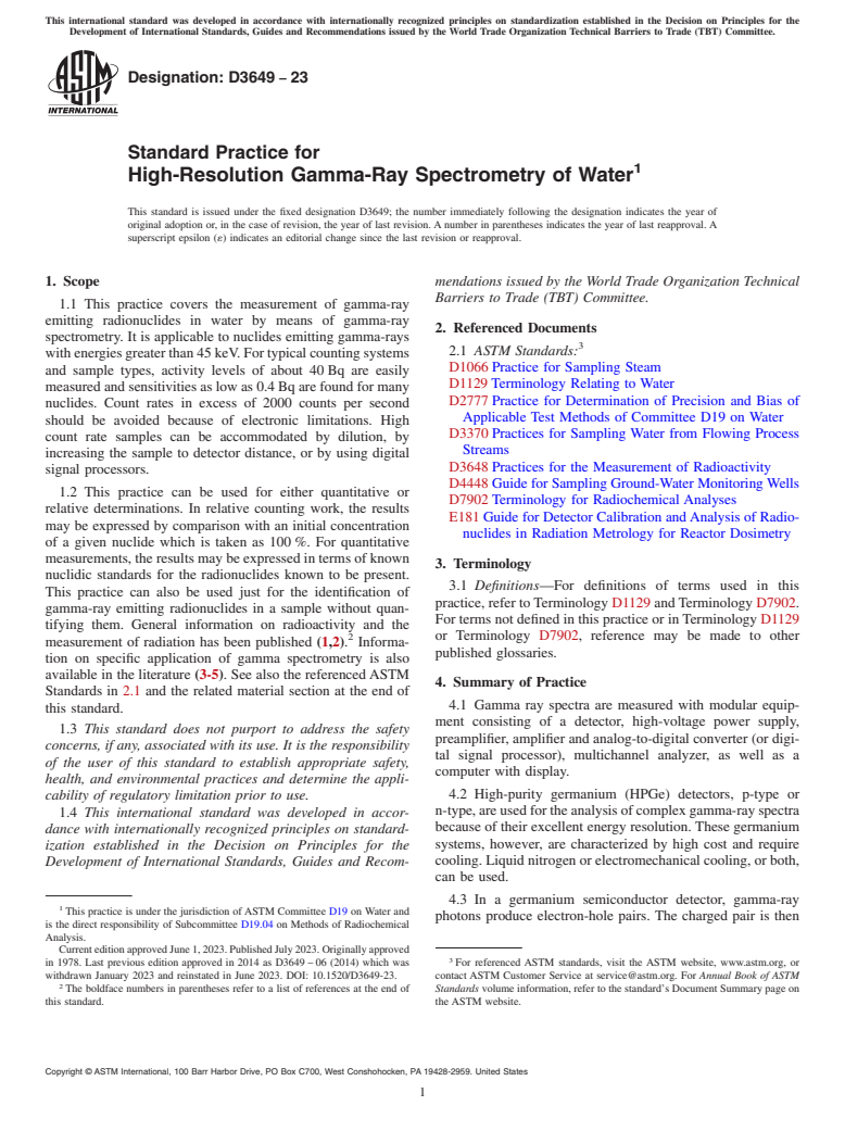 ASTM D3649-23 - Standard Practice for  High-Resolution Gamma-Ray Spectrometry of Water