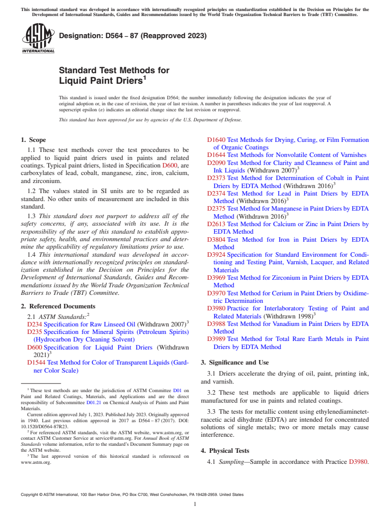 ASTM D564-87(2023) - Standard Test Methods for Liquid Paint Driers