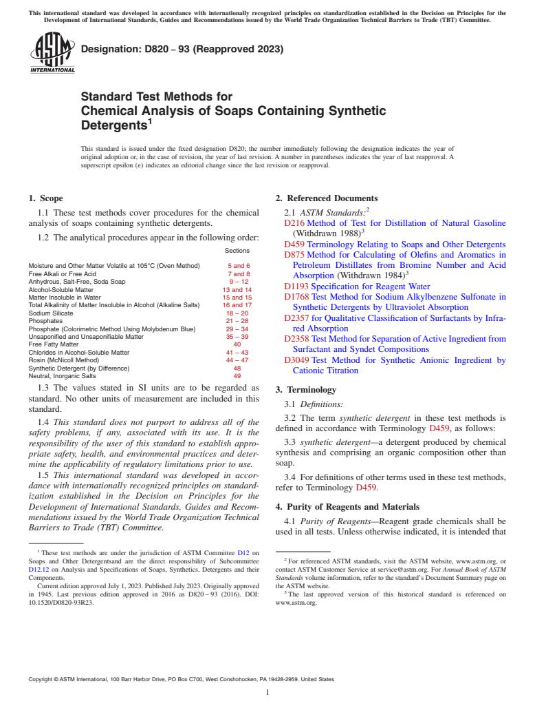 ASTM D820-93(2023) - Standard Test Methods for  Chemical Analysis of Soaps Containing Synthetic Detergents