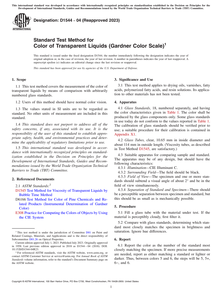 ASTM D1544-04(2023) - Standard Test Method for Color of Transparent Liquids (Gardner Color Scale)