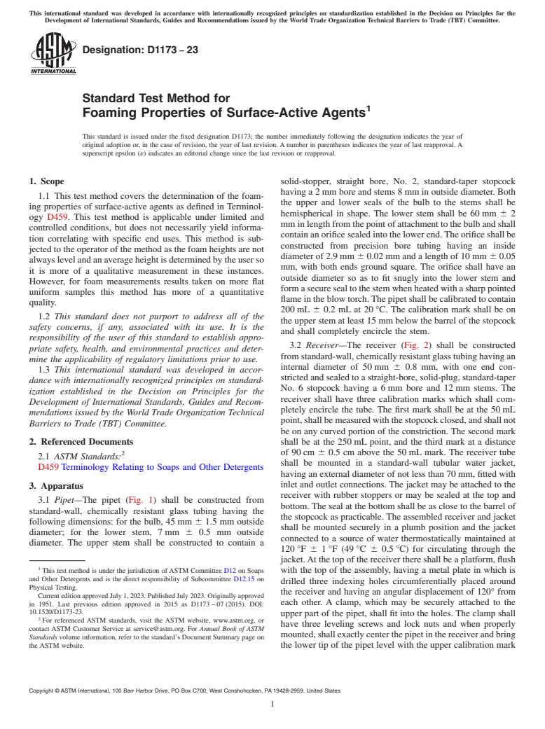 ASTM D1173-23 - Standard Test Method for  Foaming Properties of Surface-Active Agents