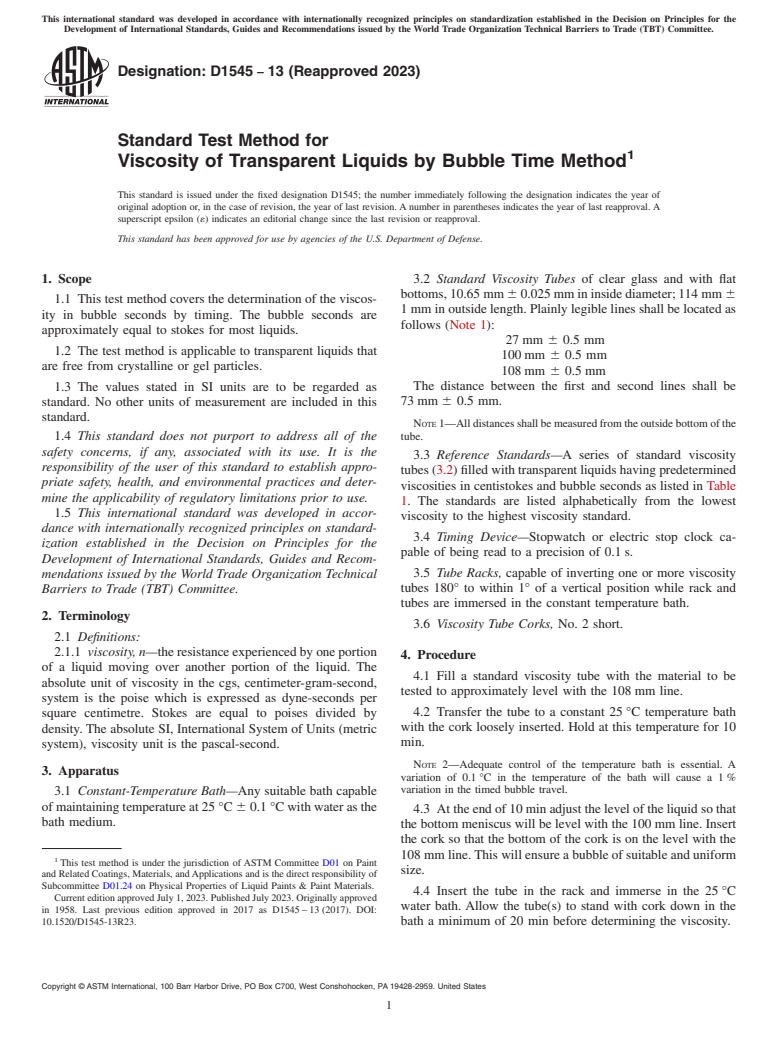 ASTM D1545-13(2023) - Standard Test Method for Viscosity of Transparent Liquids by Bubble Time Method