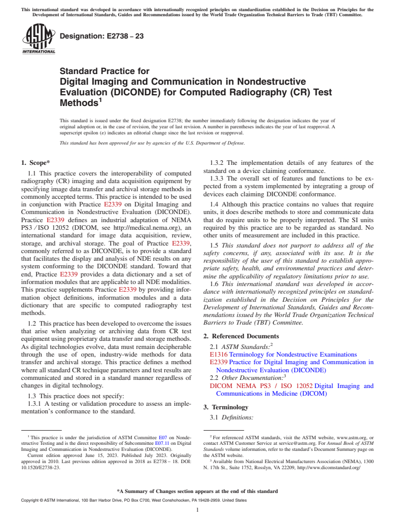 ASTM E2738-23 - Standard Practice for  Digital Imaging and Communication in Nondestructive Evaluation  (DICONDE) for Computed Radiography (CR) Test Methods