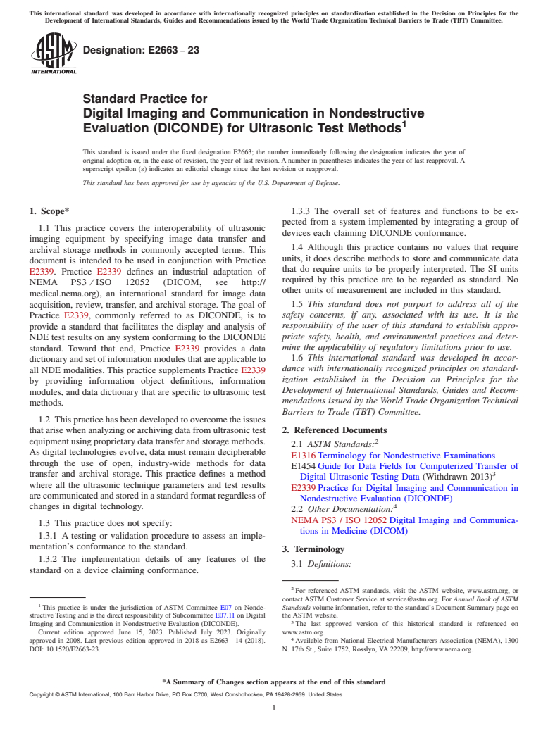 ASTM E2663-23 - Standard Practice for  Digital Imaging and Communication in Nondestructive Evaluation  (DICONDE) for Ultrasonic Test Methods
