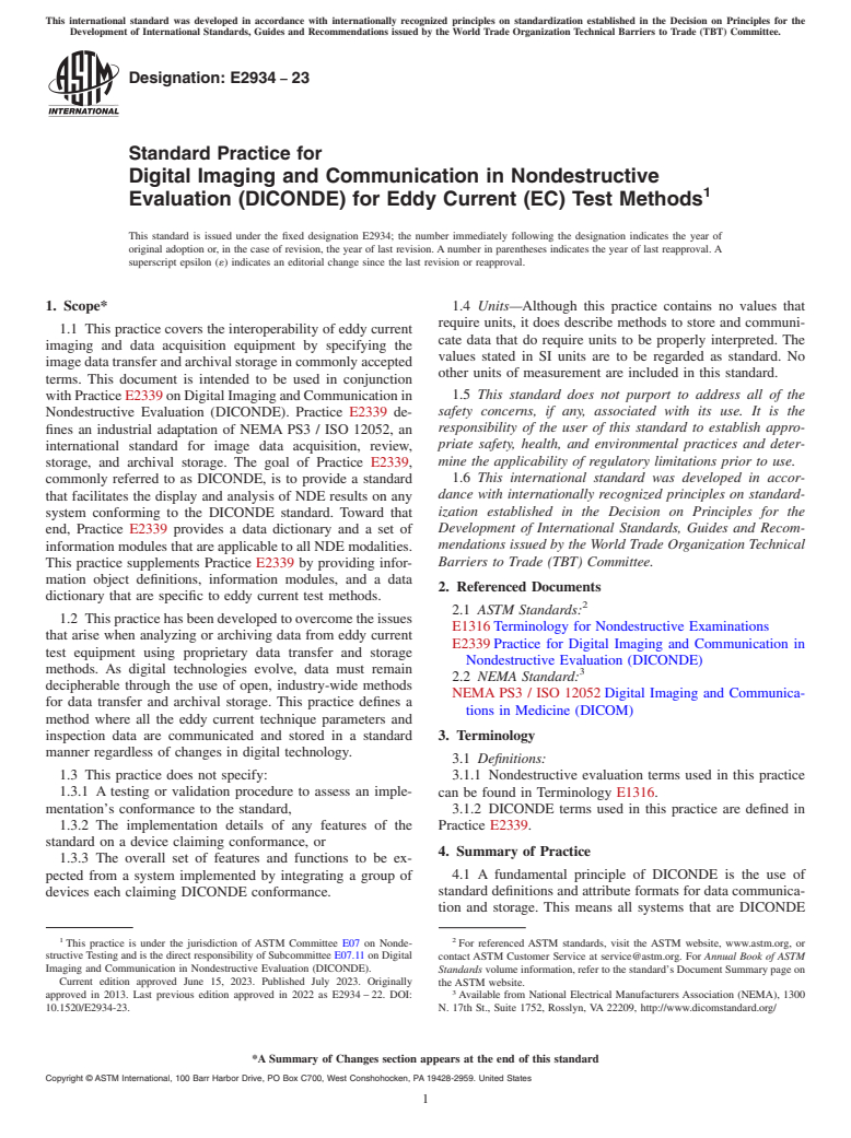 ASTM E2934-23 - Standard Practice for Digital Imaging and Communication in Nondestructive Evaluation  (DICONDE) for Eddy Current (EC) Test Methods