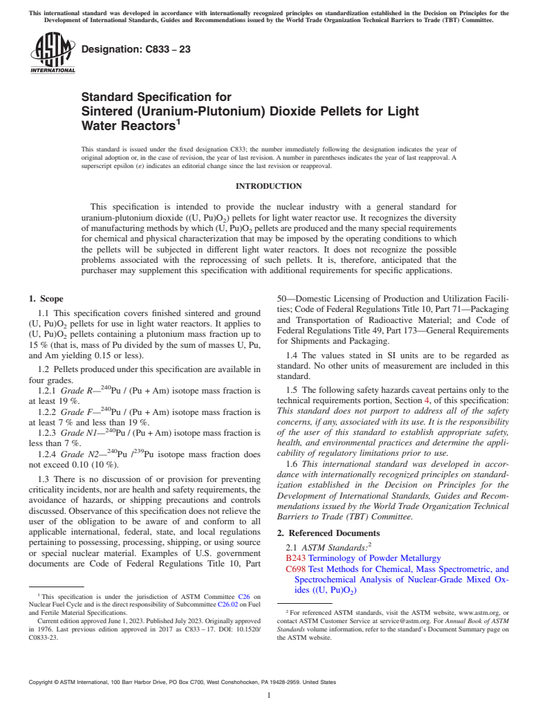ASTM C833-23 - Standard Specification for  Sintered (Uranium-Plutonium) Dioxide Pellets for Light Water  Reactors