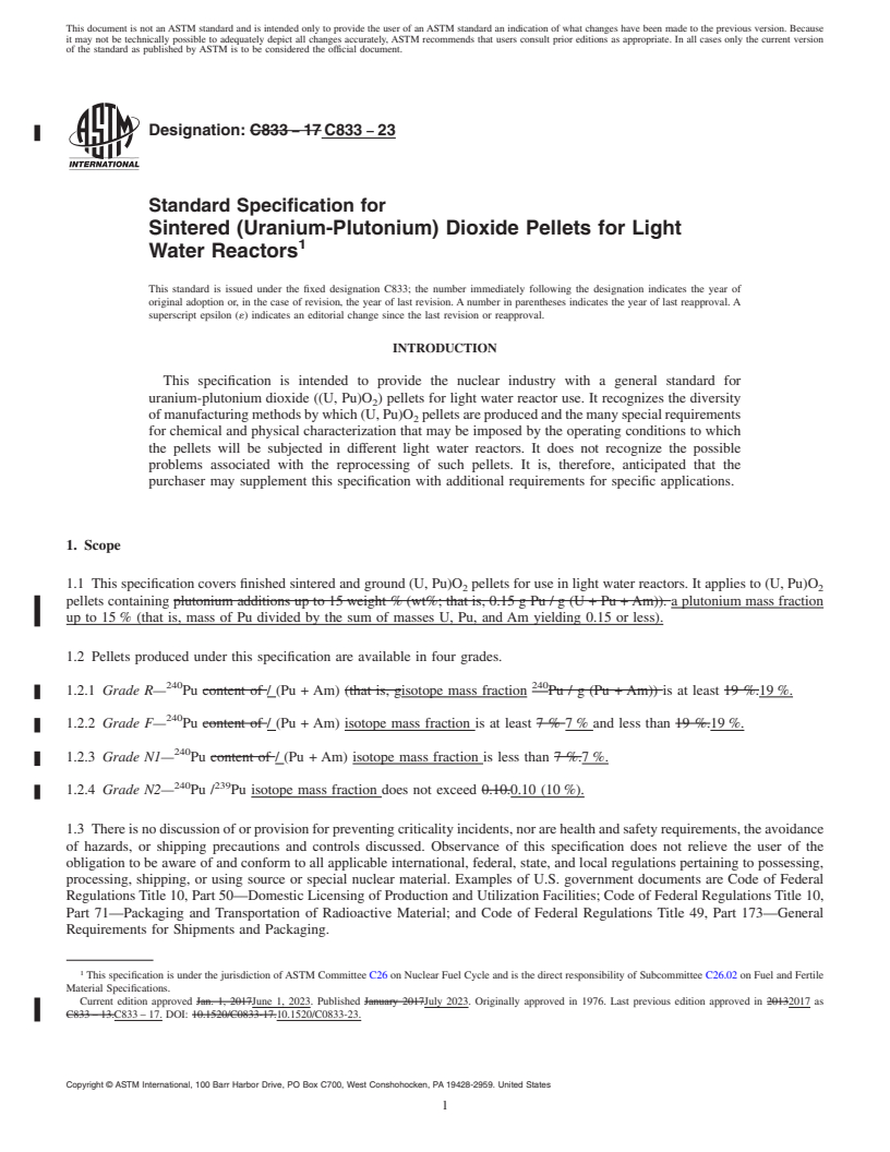REDLINE ASTM C833-23 - Standard Specification for  Sintered (Uranium-Plutonium) Dioxide Pellets for Light Water  Reactors