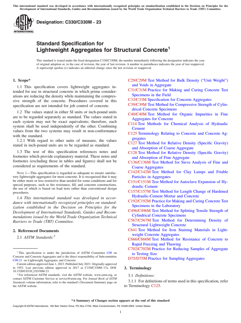 ASTM C330/C330M-23 - Standard Specification for  Lightweight Aggregates for Structural Concrete