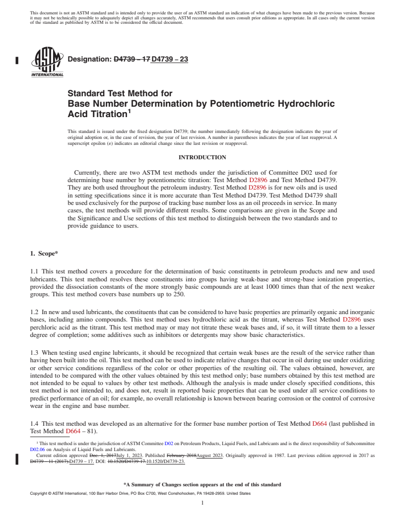 REDLINE ASTM D4739-23 - Standard Test Method for  Base Number Determination by Potentiometric Hydrochloric Acid   Titration