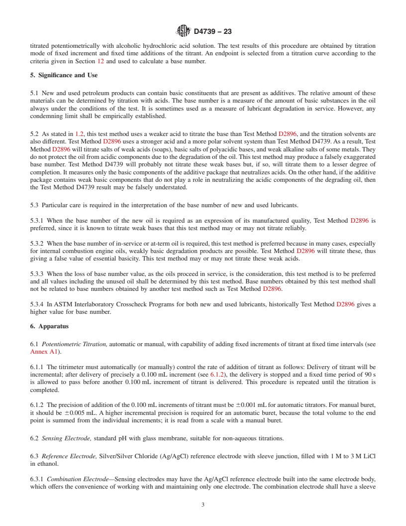 REDLINE ASTM D4739-23 - Standard Test Method for  Base Number Determination by Potentiometric Hydrochloric Acid   Titration