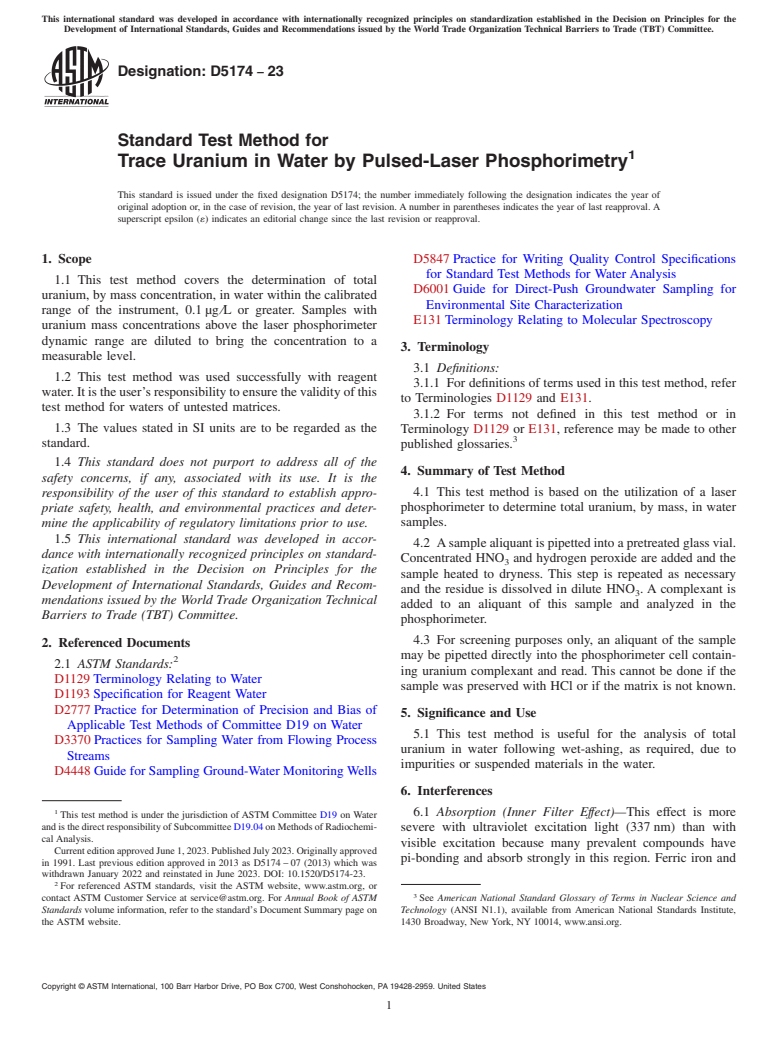 ASTM D5174-23 - Standard Test Method for  Trace Uranium in Water by Pulsed-Laser Phosphorimetry
