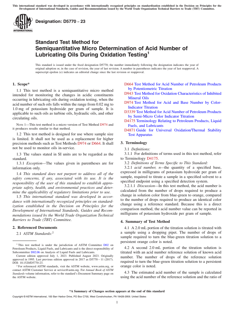 ASTM D5770-23 - Standard Test Method for  Semiquantitative Micro Determination of Acid Number of Lubricating    Oils During Oxidation Testing